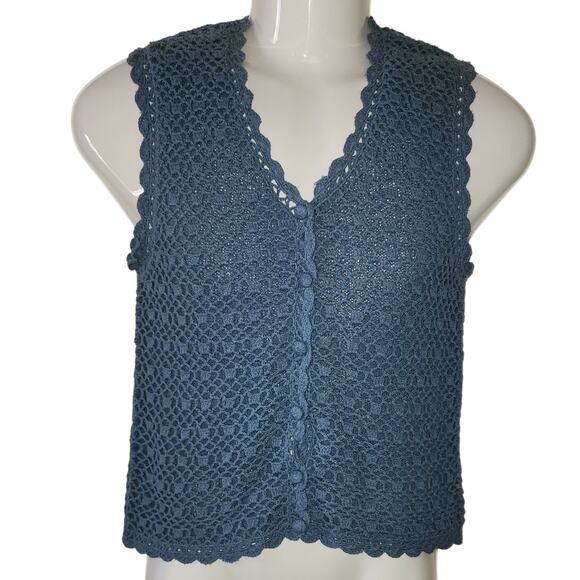 Noile Silk Exchange Vtg Blue 1990's 80% Silk Crochet Vest Women Size Small - Picture 1 of 8